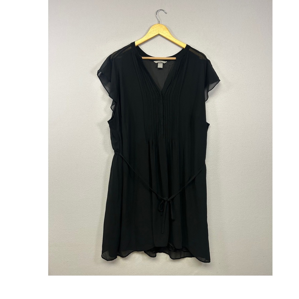Dark Academia H&M Womens XXL Black Pleated V-Neck Flutter Sleeve Tunic Dress
